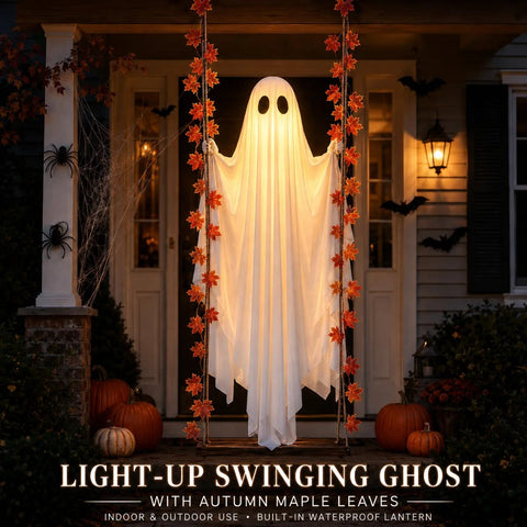 Spooky 1.2m LED Light-Up Swinging Ghost Halloween Decoration with Wooden Maple Leaf Garland, Remote Control, Hanging Outdoor Porch Decor for Yard, Tree & Party