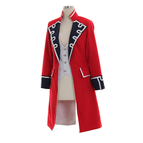 Elegant Red Wool Pirate Coat with Black Cuffs for Women – Napoleon Jacket Style Costume