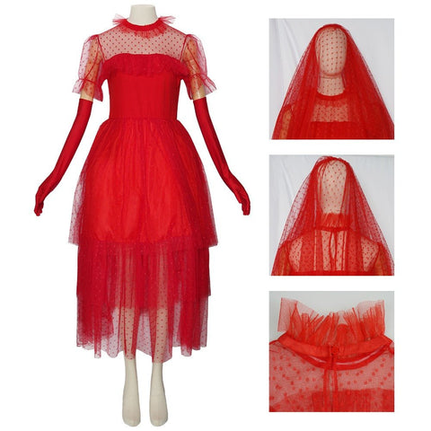 Beetlejuice Lydia Red Dress Halloween Cosplay Costume for Kids and Adults - Coscosmos