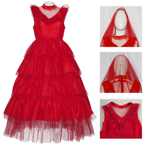 Beetlejuice Lydia Red Dress Halloween Cosplay Costume for Kids and Adults - Coscosmos