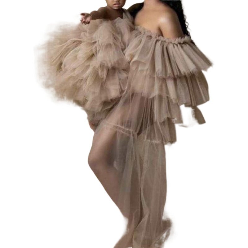 Beige Off - Shoulder Chiffon Dress Mother Daughter Matching Cosplay Costume Family Photo Birthday Wedding Dress - Coscosmos