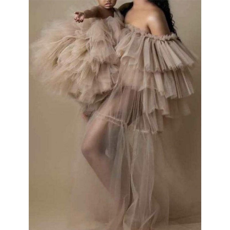 Beige Off - Shoulder Chiffon Dress Mother Daughter Matching Cosplay Costume Family Photo Birthday Wedding Dress - Coscosmos