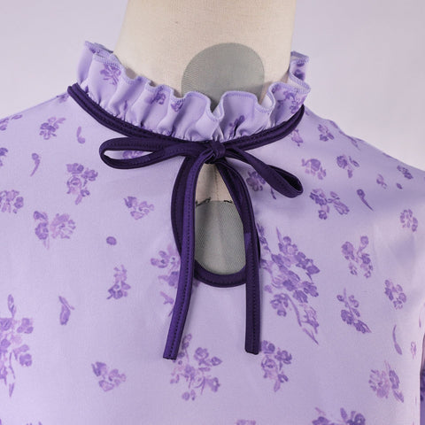 Beishui Trading Co. - Fern Cosplay Costume Purple Floral Print Lolita Princess Dress Anime Role - Playing Outfit - Coscosmos