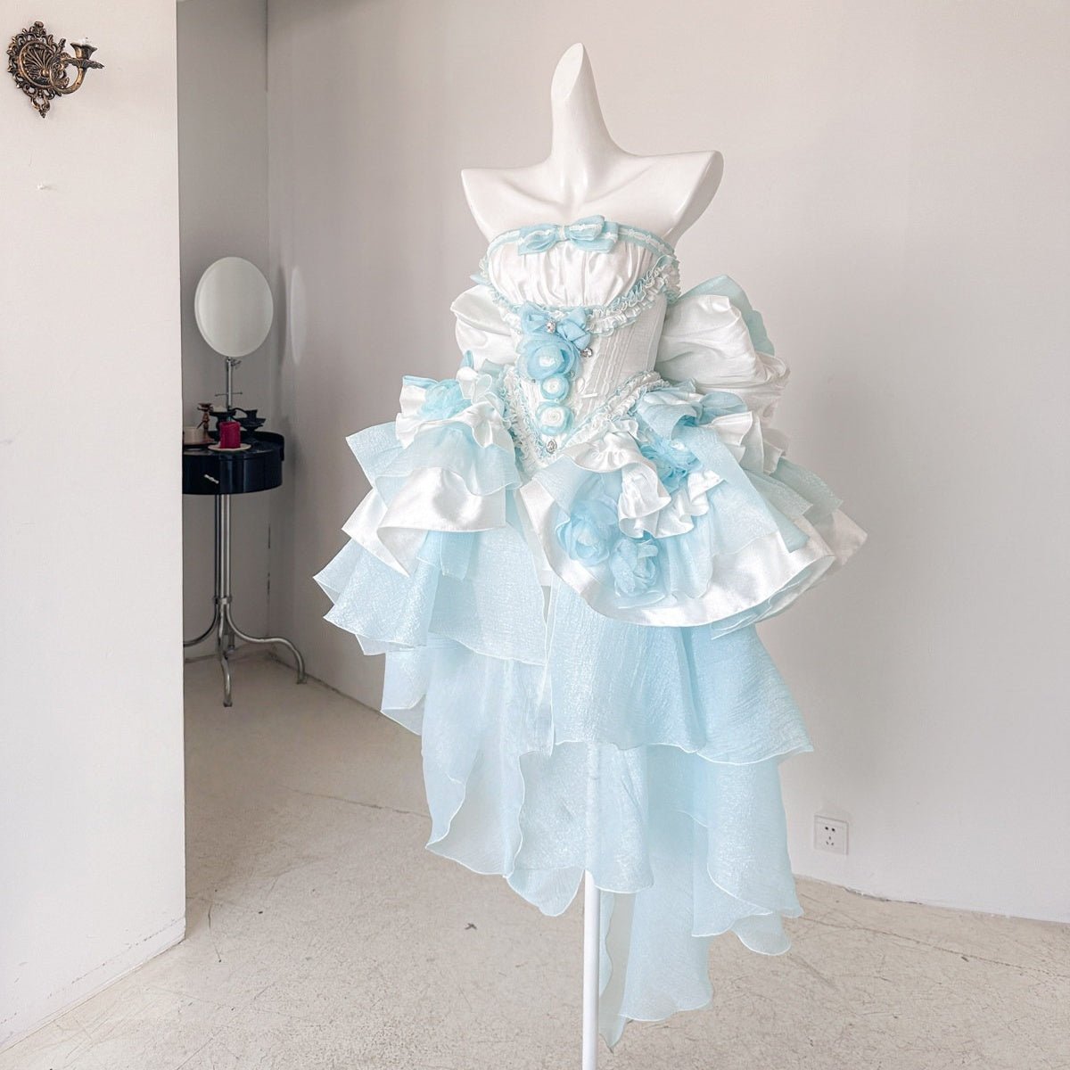Blue Dream Lace Dress - Off - Shoulder Feather Sequin Mini Gown for Performance, Birthday, Party & Stage Wear - Coscosmos