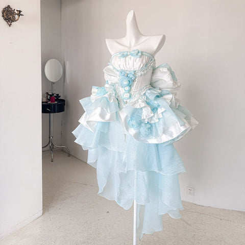 Blue Dream Lace Dress - Off - Shoulder Feather Sequin Mini Gown for Performance, Birthday, Party & Stage Wear - Coscosmos