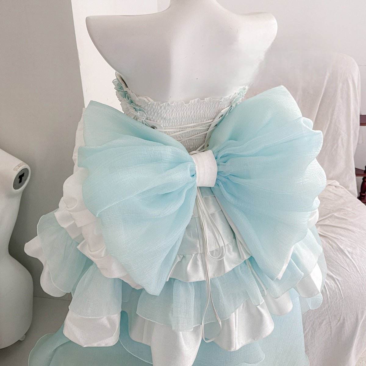 Blue Dream Lace Dress - Off - Shoulder Feather Sequin Mini Gown for Performance, Birthday, Party & Stage Wear - Coscosmos