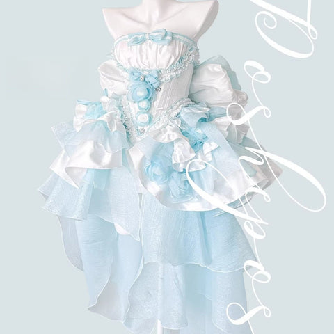 Blue Dream Lace Dress - Off - Shoulder Feather Sequin Mini Gown for Performance, Birthday, Party & Stage Wear - Coscosmos
