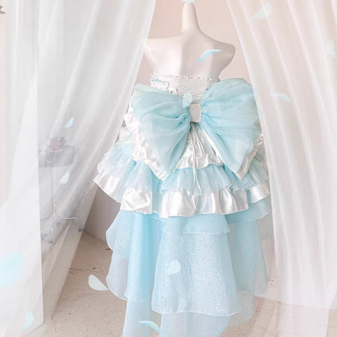 Blue Dream Lace Dress - Off - Shoulder Feather Sequin Mini Gown for Performance, Birthday, Party & Stage Wear - Coscosmos