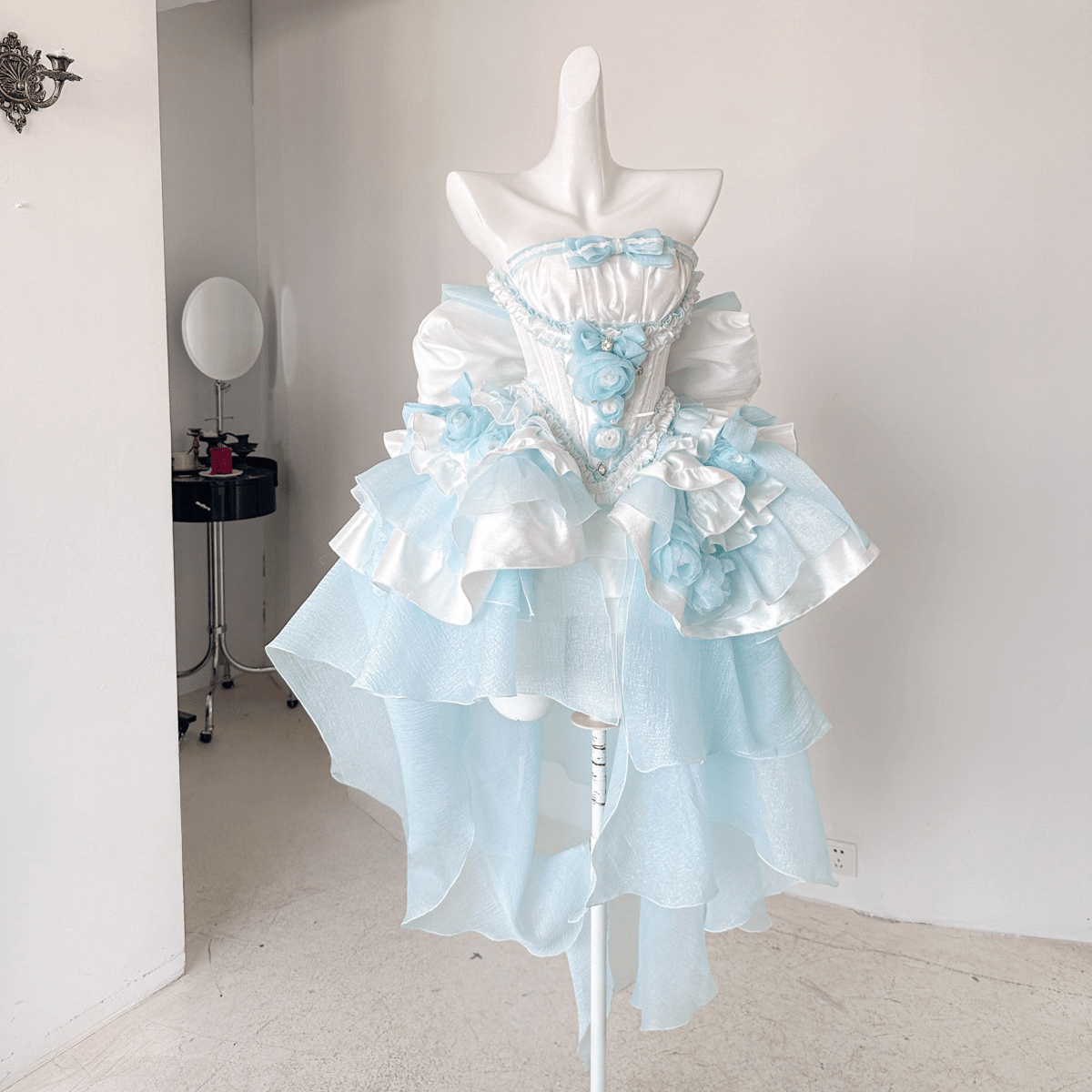 Blue Dream Lace Dress - Off - Shoulder Feather Sequin Mini Gown for Performance, Birthday, Party & Stage Wear - Coscosmos