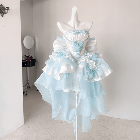 Blue Dream Lace Dress - Off - Shoulder Feather Sequin Mini Gown for Performance, Birthday, Party & Stage Wear - Coscosmos