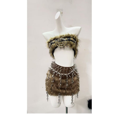 Brown Two - piece Set Hollow Out Tank Top Punk Costume - Coscosmos