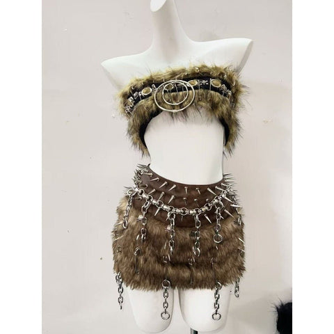 Brown Two - piece Set Hollow Out Tank Top Punk Costume - Coscosmos