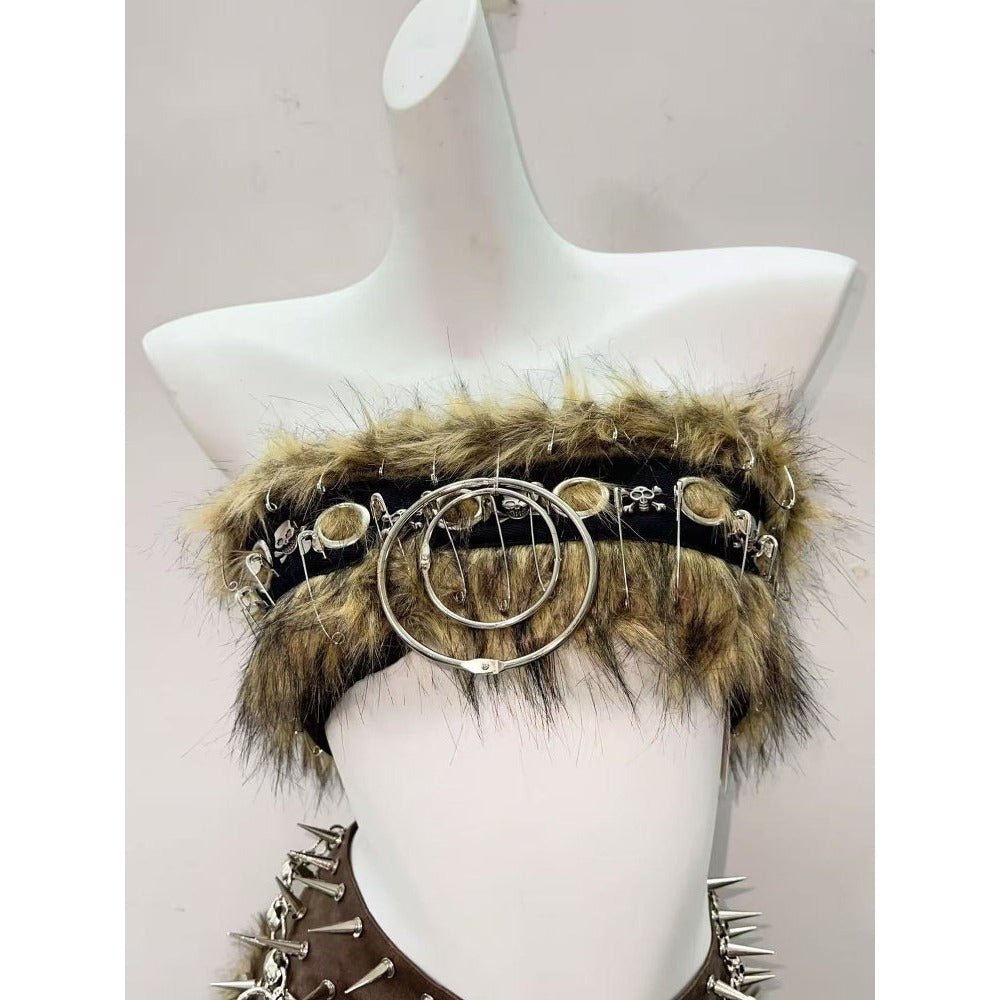 Brown Two - piece Set Hollow Out Tank Top Punk Costume - Coscosmos