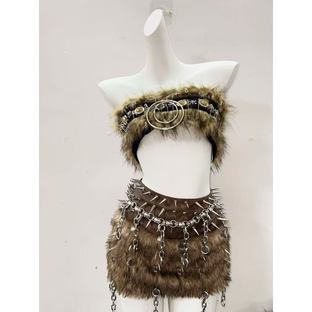 Brown Two - piece Set Hollow Out Tank Top Punk Costume - Coscosmos