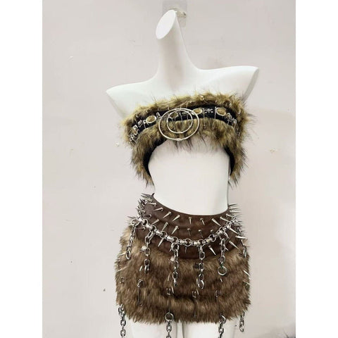 Brown Two - piece Set Hollow Out Tank Top Punk Costume - Coscosmos