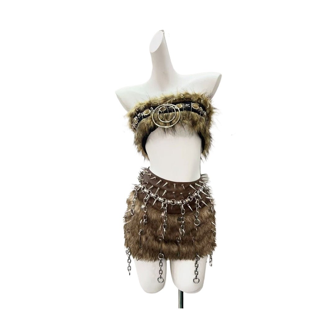 Brown Two - piece Set Hollow Out Tank Top Punk Costume - Coscosmos