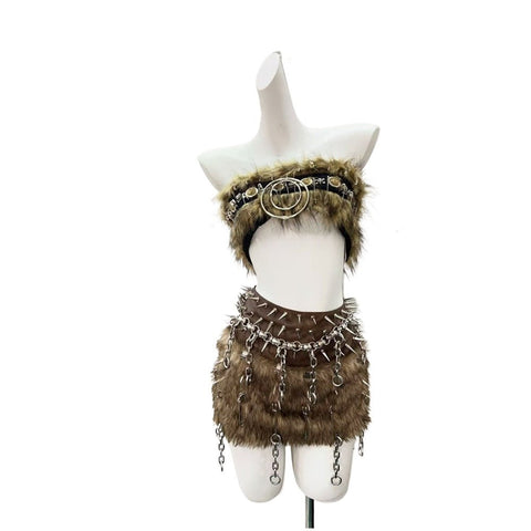 Brown Two - piece Set Hollow Out Tank Top Punk Costume - Coscosmos
