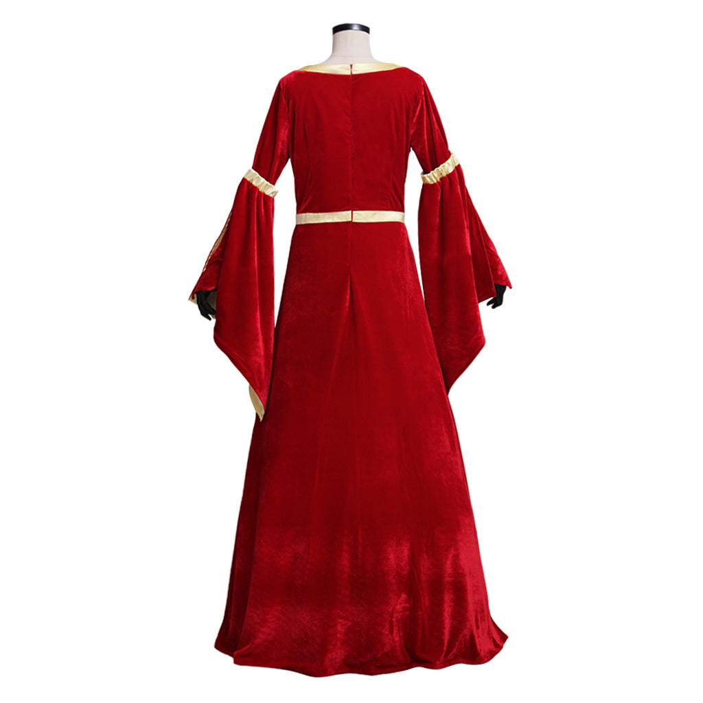 Custom Made Medieval Velvet Red Yellow Trumpet Sleeves Dress | Wedding & Fancy Party Costume