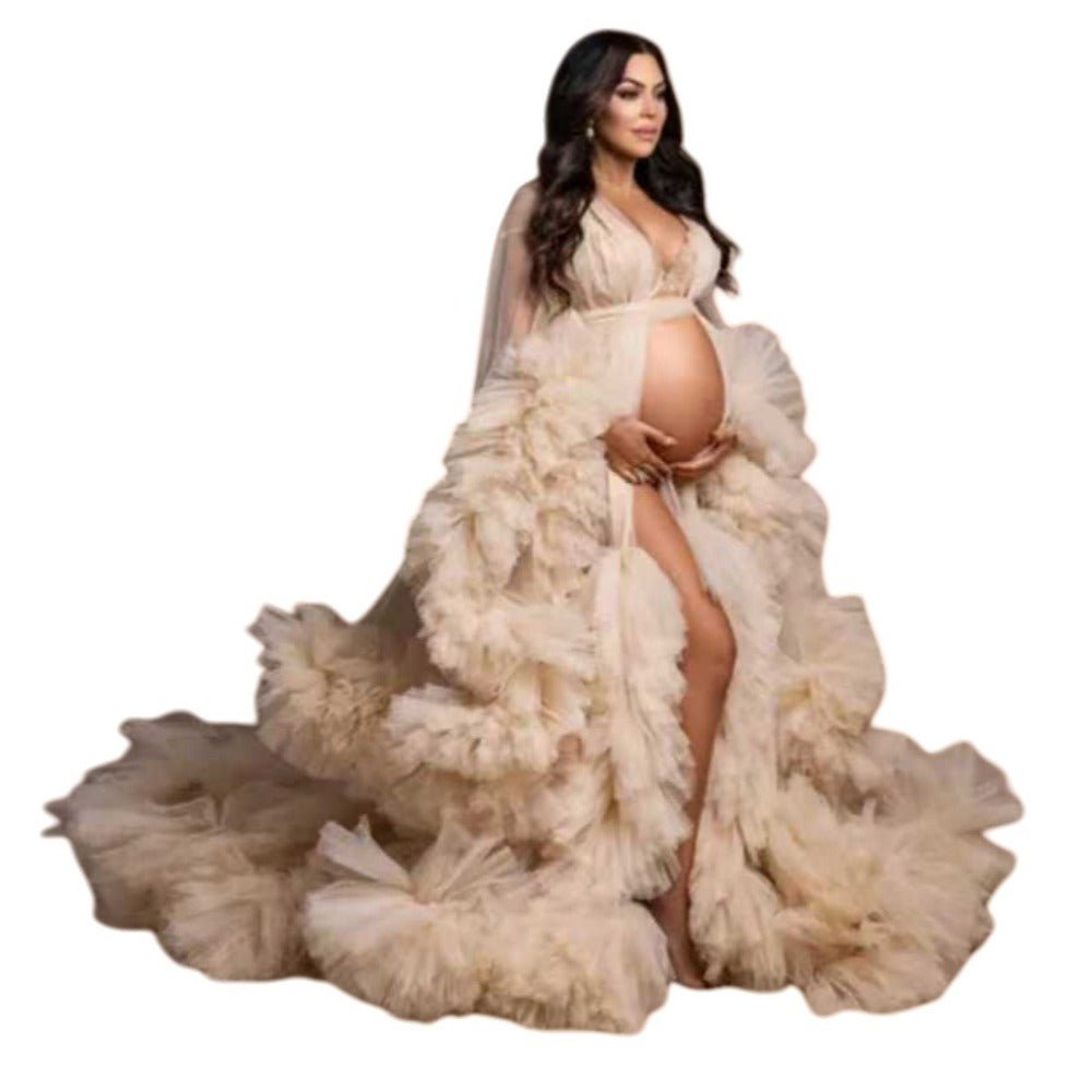 Champagne Maternity Sheer Mesh Evening Gown for Cosplay, Wedding, Photo Shoots, and Parties - 2025 Hot Selling Long Dress - Coscosmos