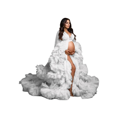 Champagne Maternity Sheer Mesh Evening Gown for Cosplay, Wedding, Photo Shoots, and Parties - 2025 Hot Selling Long Dress - Coscosmos