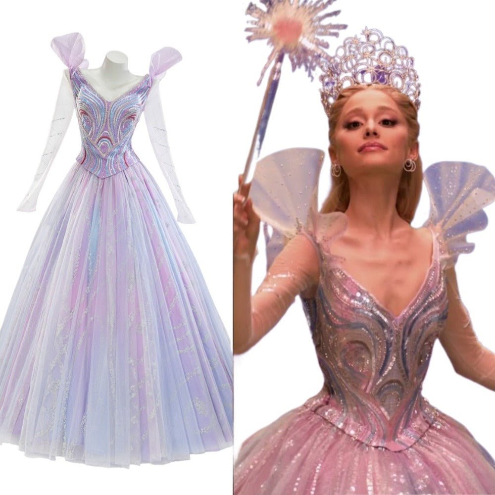 Complete Glinda Costume Set from Wicked: The Musical - Second Season Inspired Outfit，with Crown and Earrings Set - Coscosmos
