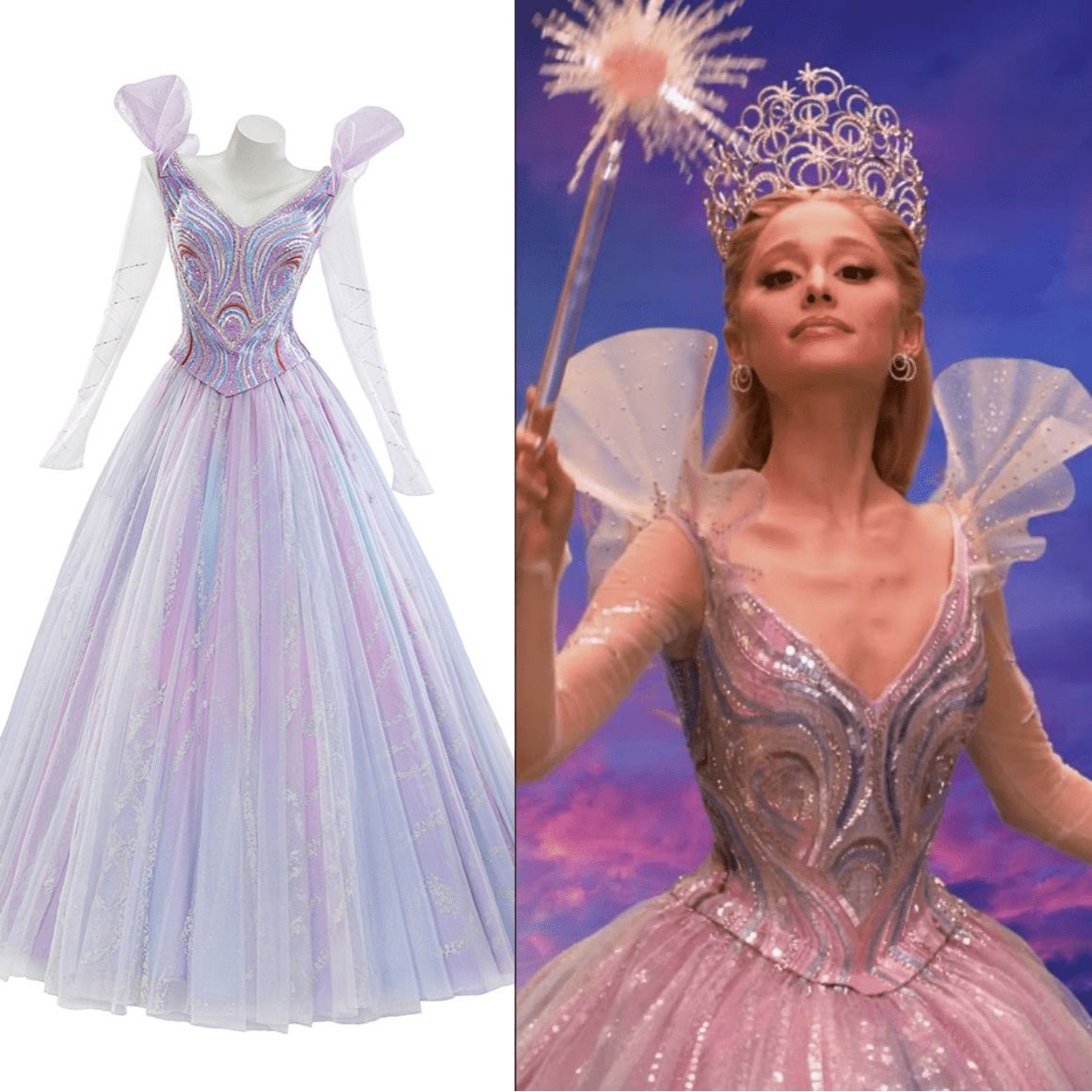 Complete Glinda Costume Set from Wicked: The Musical - Second Season Inspired Outfit，with Crown and Earrings Set - Coscosmos