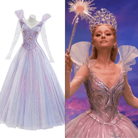 Complete Glinda Costume Set from Wicked: The Musical - Second Season Inspired Outfit，with Crown and Earrings Set - Coscosmos