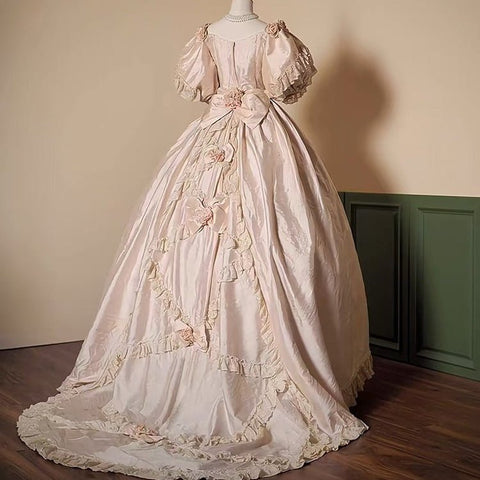 [Custom Made] 1860s Second Empire Wedding Gown: Champagne Taffeta Historical Court Dress, Mid - Century Vintage Tiered Ruffle Bridal Gown - Coscosmos