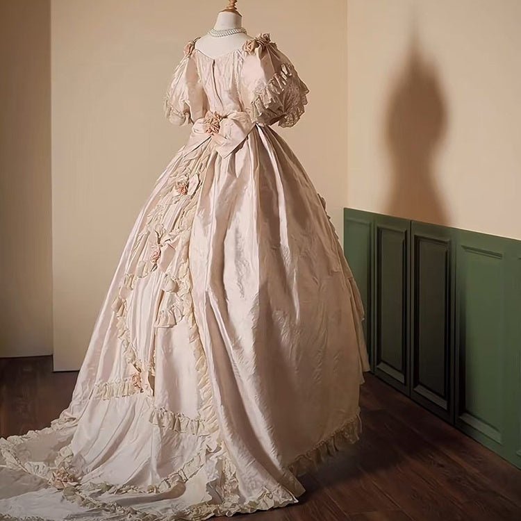 [Custom Made] 1860s Second Empire Wedding Gown: Champagne Taffeta Historical Court Dress, Mid - Century Vintage Tiered Ruffle Bridal Gown - Coscosmos