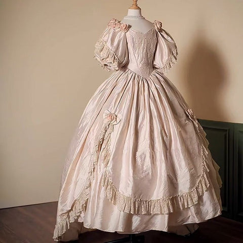 [Custom Made] 1860s Second Empire Wedding Gown: Champagne Taffeta Historical Court Dress, Mid - Century Vintage Tiered Ruffle Bridal Gown - Coscosmos