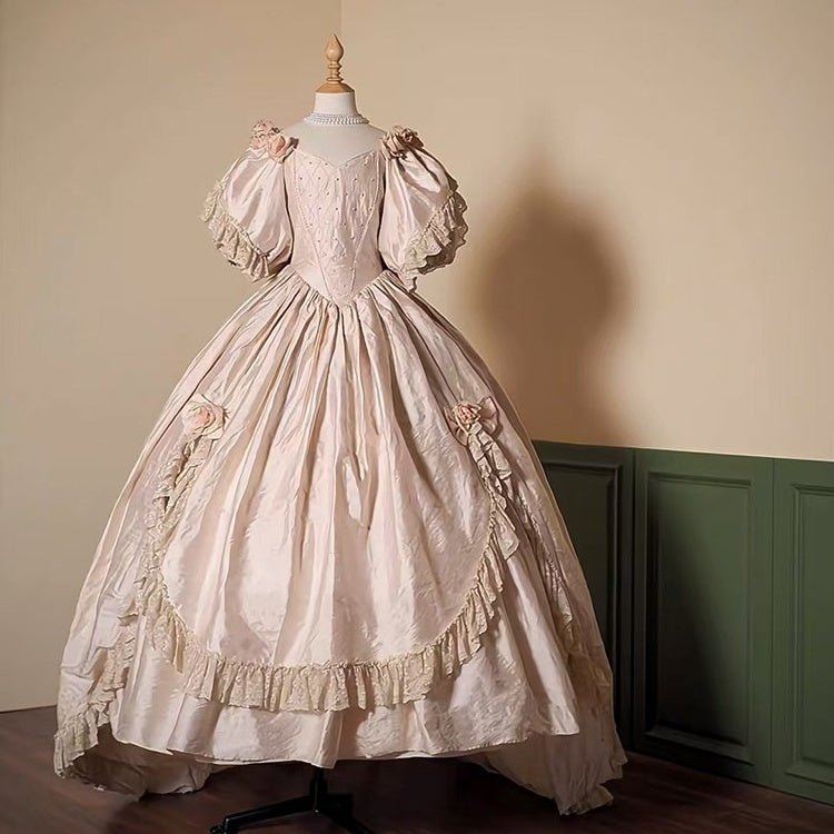 [Custom Made] 1860s Second Empire Wedding Gown: Champagne Taffeta Historical Court Dress, Mid - Century Vintage Tiered Ruffle Bridal Gown - Coscosmos