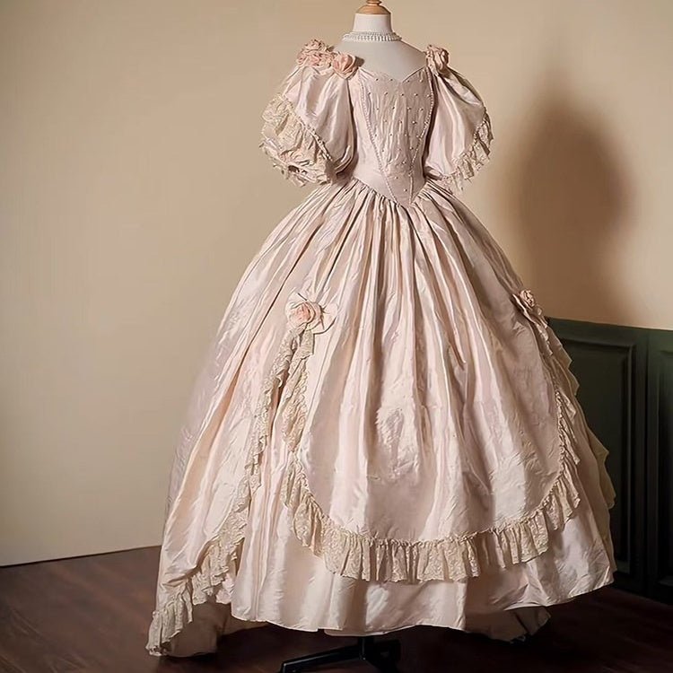 [Custom Made] 1860s Second Empire Wedding Gown: Champagne Taffeta Historical Court Dress, Mid - Century Vintage Tiered Ruffle Bridal Gown - Coscosmos