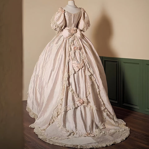 [Custom Made] 1860s Second Empire Wedding Gown: Champagne Taffeta Historical Court Dress, Mid - Century Vintage Tiered Ruffle Bridal Gown - Coscosmos