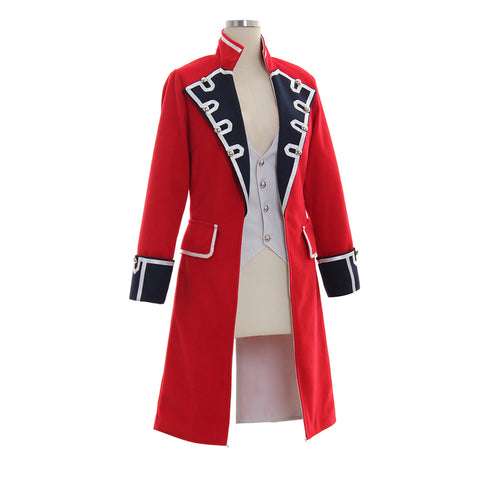 Elegant Red Wool Pirate Coat with Black Cuffs for Women – Napoleon Jacket Style Costume