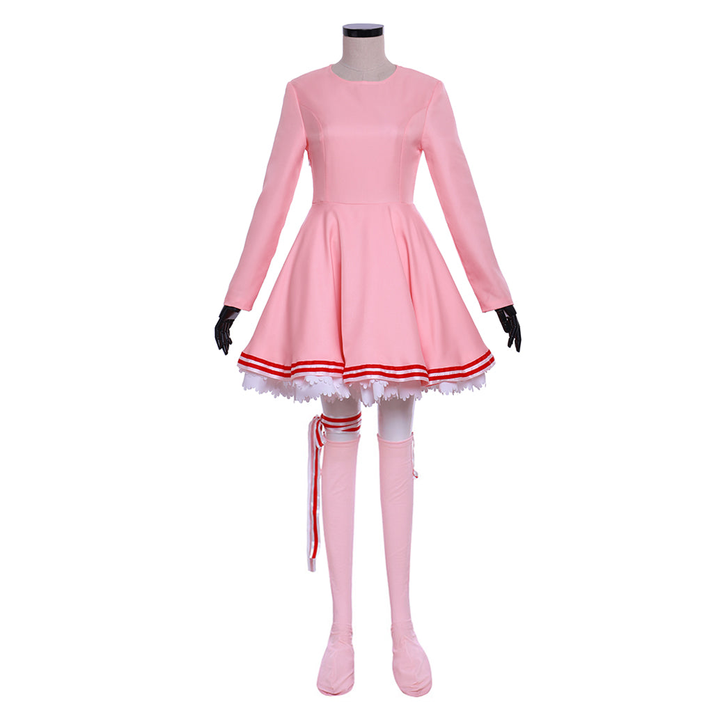 Cardcaptor Sakura Cosplay Costume - Pink Long Sleeve Dress with Hat, Shawl, Ribbon & Bow