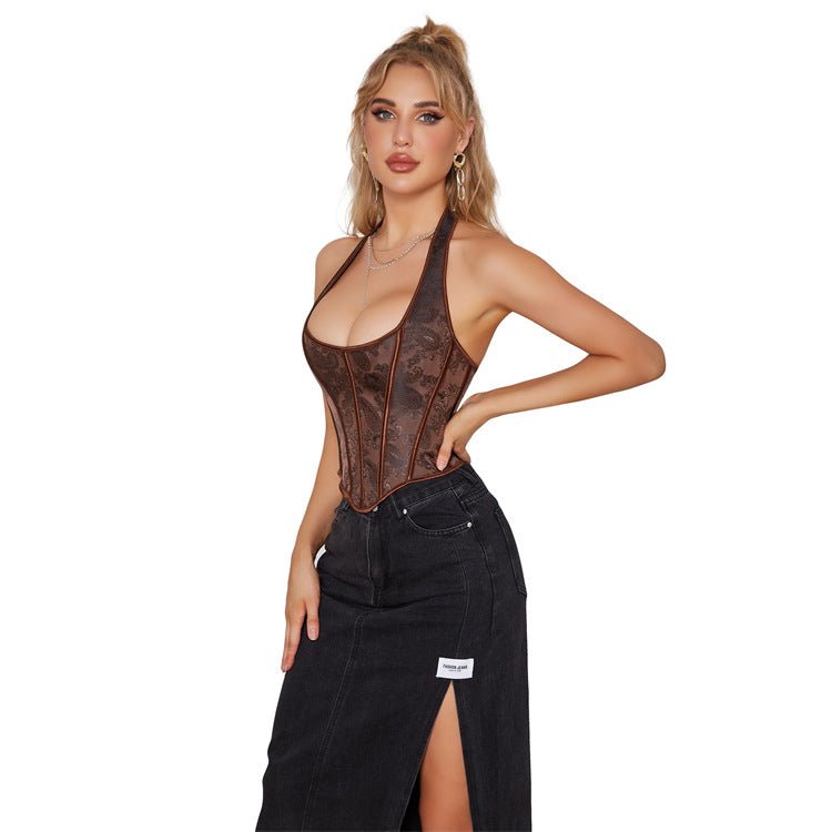 Dark Brown Halter - Style Women's Bustier Corset for Waist - Cinching and Push - Up - Coscosmos