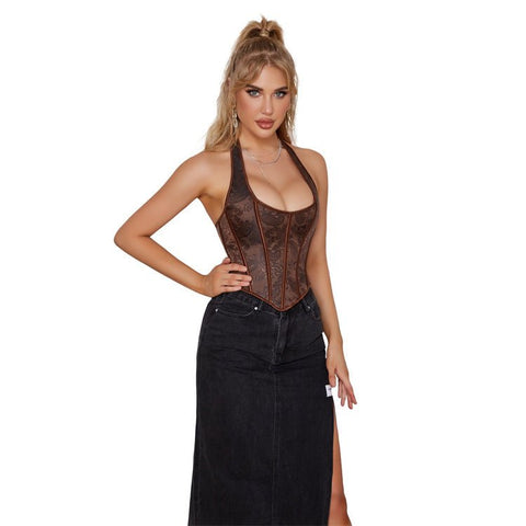 Dark Brown Halter - Style Women's Bustier Corset for Waist - Cinching and Push - Up - Coscosmos