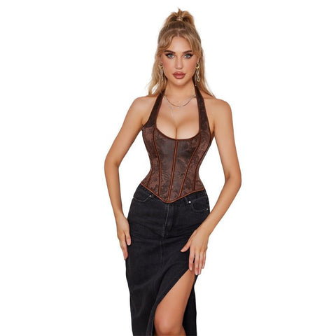 Dark Brown Halter - Style Women's Bustier Corset for Waist - Cinching and Push - Up - Coscosmos