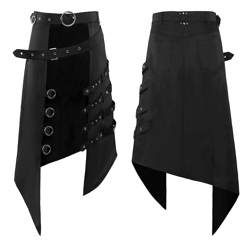 Dark Rock Punk Steam Goth As Asymmetrical Circle Skirt for Women - Edgy Gothic Midi Skirt with Metal Rings - Coscosmos