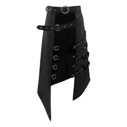 Dark Rock Punk Steam Goth As Asymmetrical Circle Skirt for Women - Edgy Gothic Midi Skirt with Metal Rings - Coscosmos
