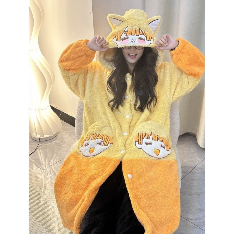 Demon Slayer Zenitsu Agatsuma Winter Coral Fleece Sleepwear Robe Cosplay Costume Anime Pajamas Homewear for Women - Coscosmos