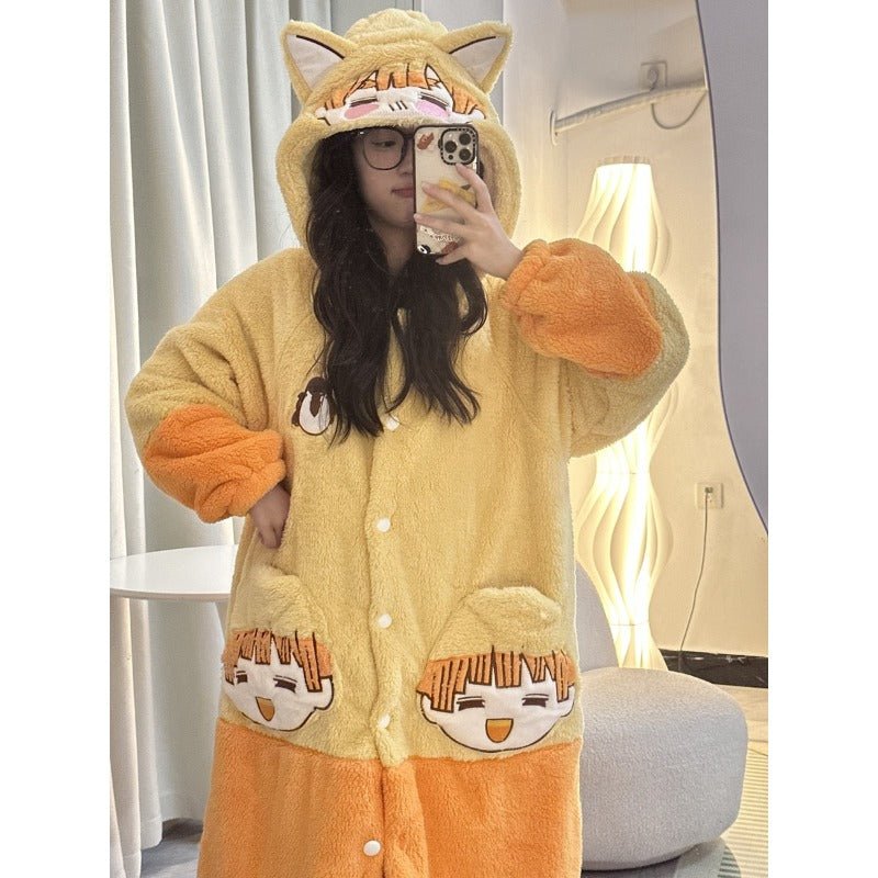 Demon Slayer Zenitsu Agatsuma Winter Coral Fleece Sleepwear Robe Cosplay Costume Anime Pajamas Homewear for Women - Coscosmos