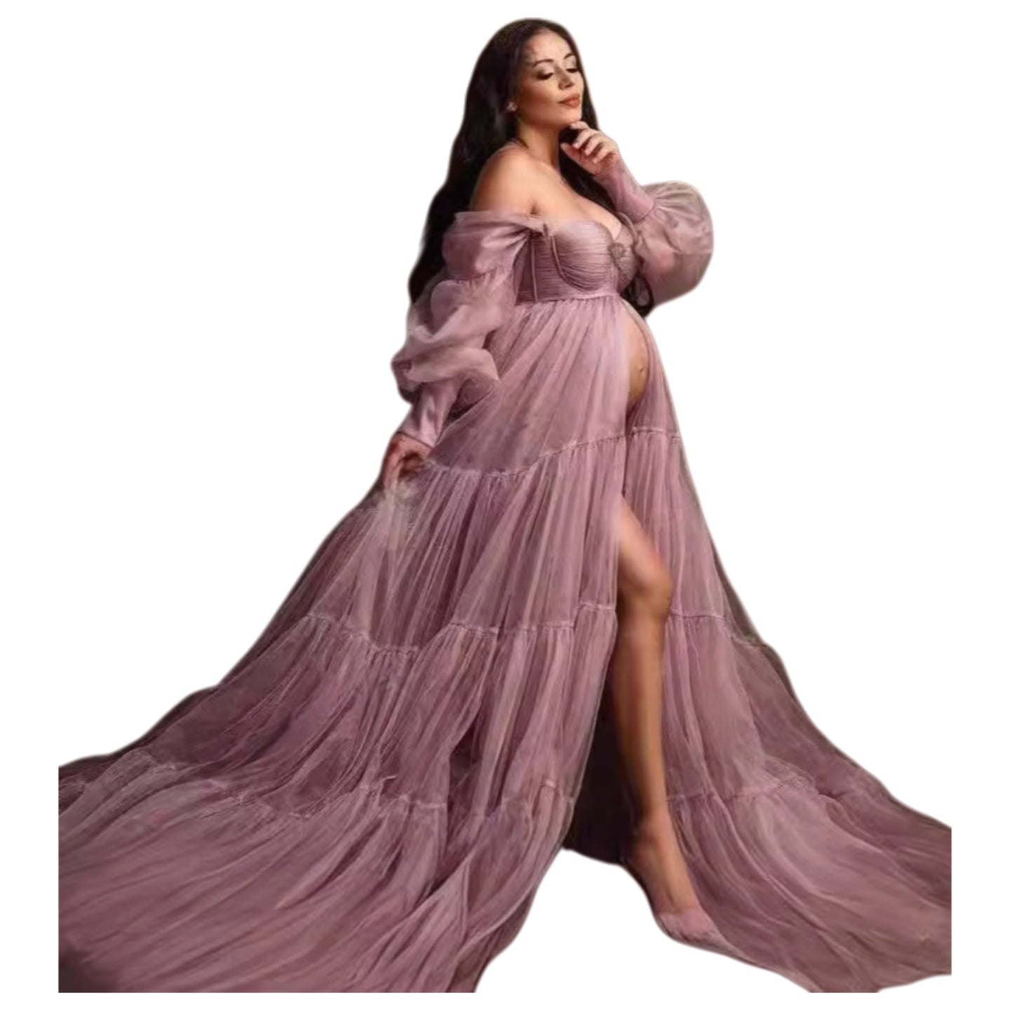 Dusty Pink Off Shoulder Long Bubble Sleeve Evening Dress High Waist Maternity Photo Studio Wedding Gown Long Train Cosplay Costume - Coscosmos