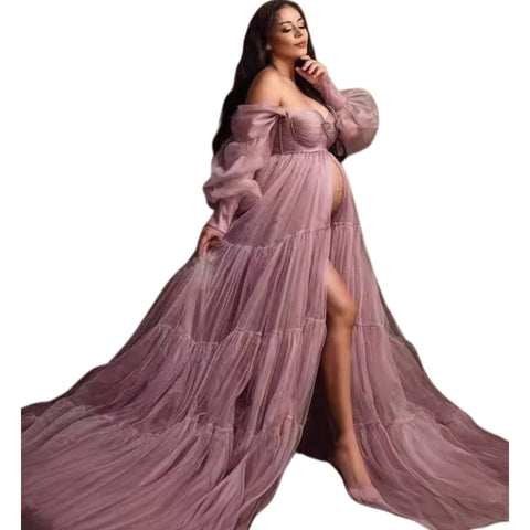 Dusty Pink Off Shoulder Long Bubble Sleeve Evening Dress High Waist Maternity Photo Studio Wedding Gown Long Train Cosplay Costume - Coscosmos