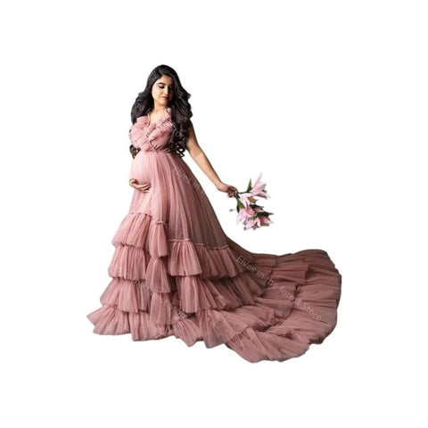 Dusty Pink Train Wedding Dress Cosplay Costume for Maternity Photography Evening Gown Shoulder Strap Long Train - Coscosmos