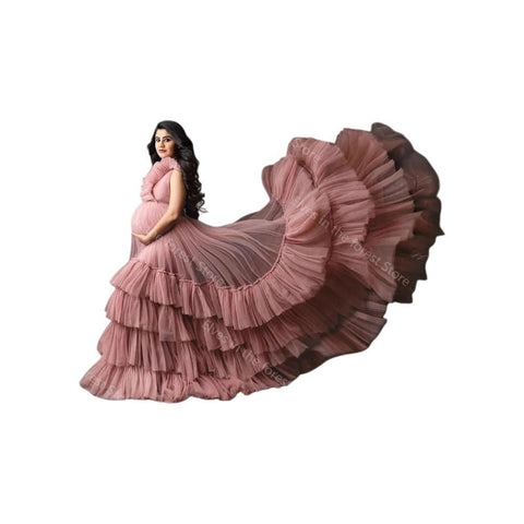 Dusty Pink Train Wedding Dress Cosplay Costume for Maternity Photography Evening Gown Shoulder Strap Long Train - Coscosmos