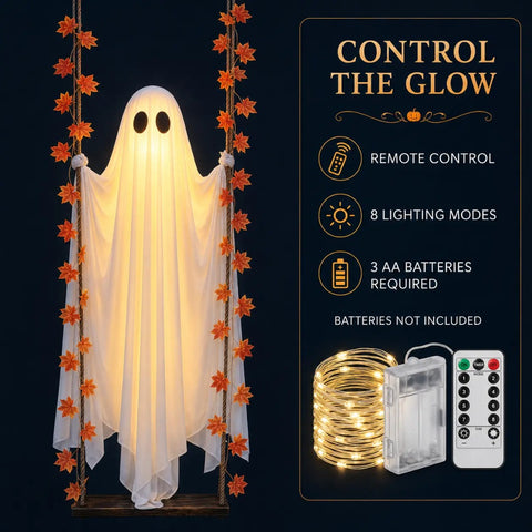 Spooky 1.2m LED Light-Up Swinging Ghost Halloween Decoration with Wooden Maple Leaf Garland, Remote Control, Hanging Outdoor Porch Decor for Yard, Tree & Party