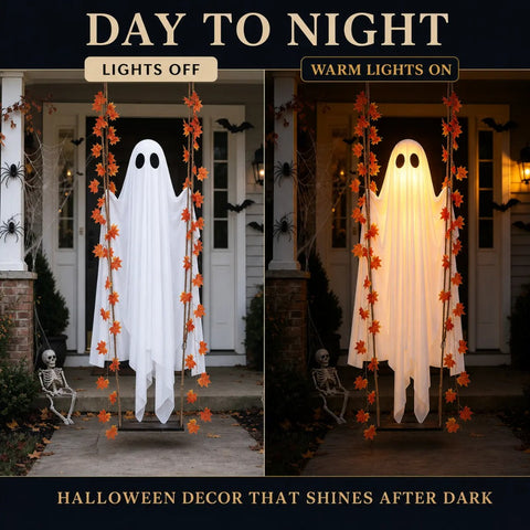 Spooky 1.2m LED Light-Up Swinging Ghost Halloween Decoration with Wooden Maple Leaf Garland, Remote Control, Hanging Outdoor Porch Decor for Yard, Tree & Party