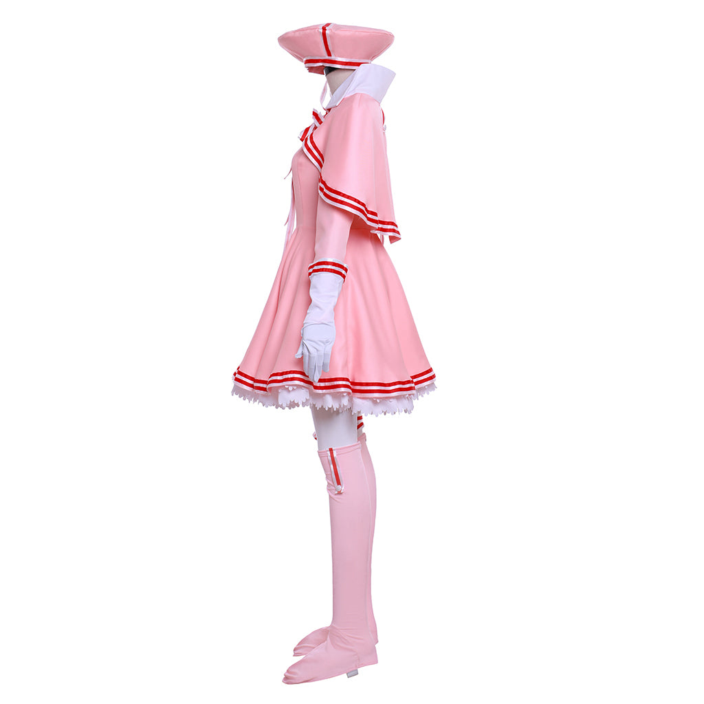 Cardcaptor Sakura Cosplay Costume - Pink Long Sleeve Dress with Hat, Shawl, Ribbon & Bow