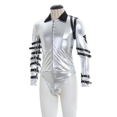 Punk MJ Michael Jackson Classic BAD Tour Silver Shine Bodysuit Jacket Apparel